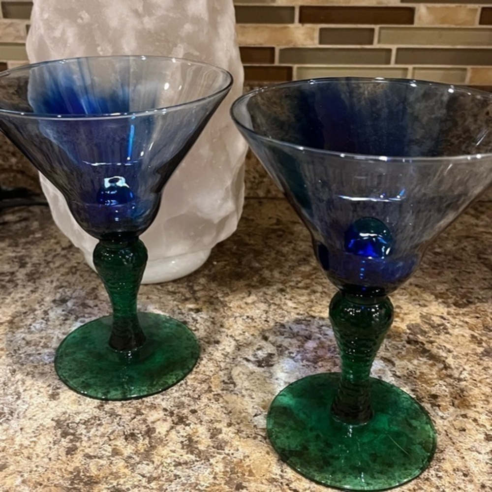 Vintage Libbey Marbleique Blue Swirl and Green Martini Glasses Set of 2